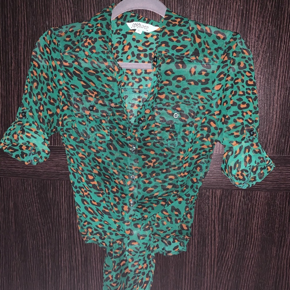 Green Chiffon Leopard Print Blouse